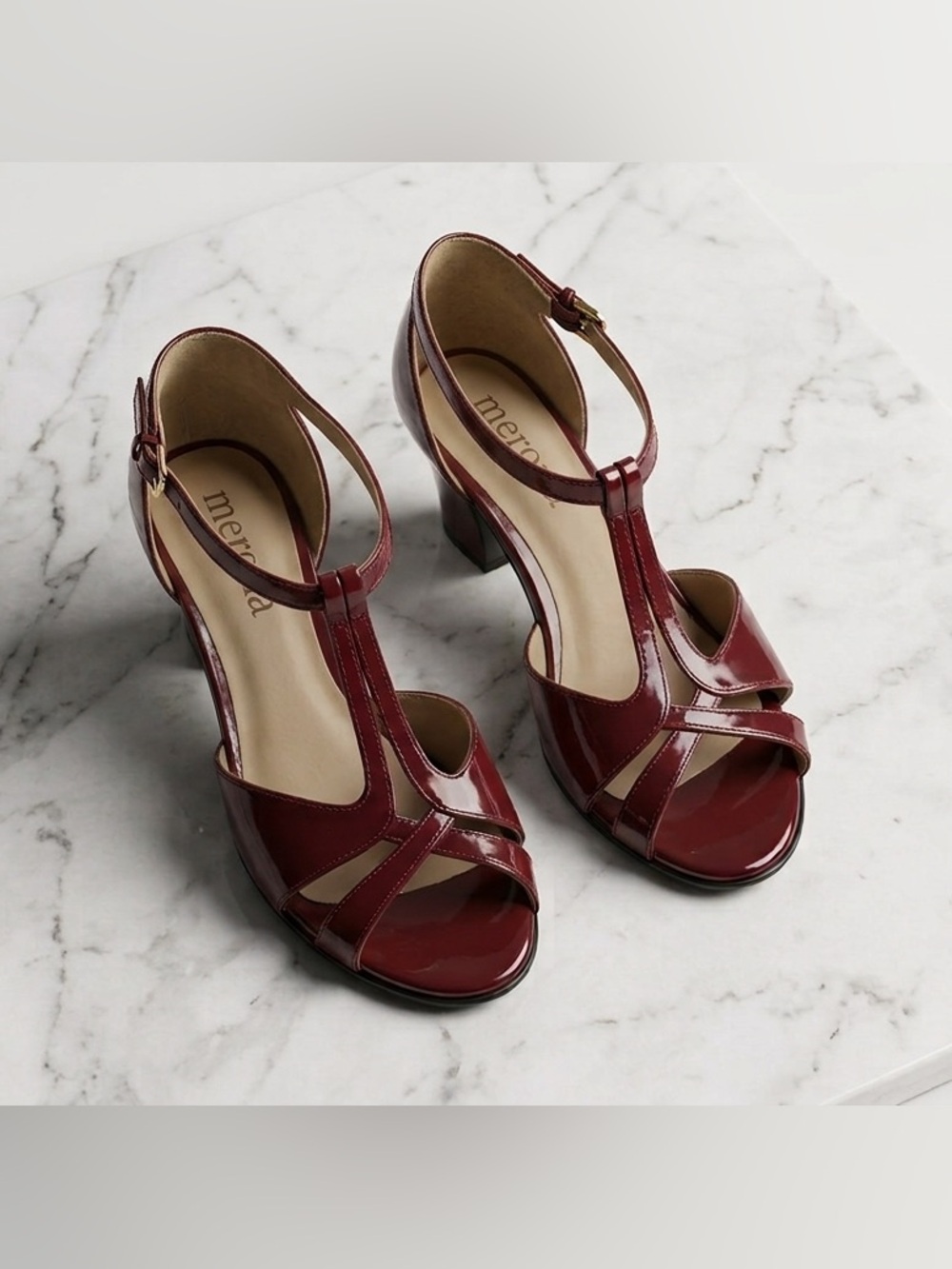 Merona Maroon Burgundy Patent T-Strap Open Toe Heels Sandals Retro Rockabilly 6